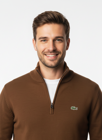 Lacoste Men’s Signature Quarter-Zip Knit Sweater – Classic Brown
