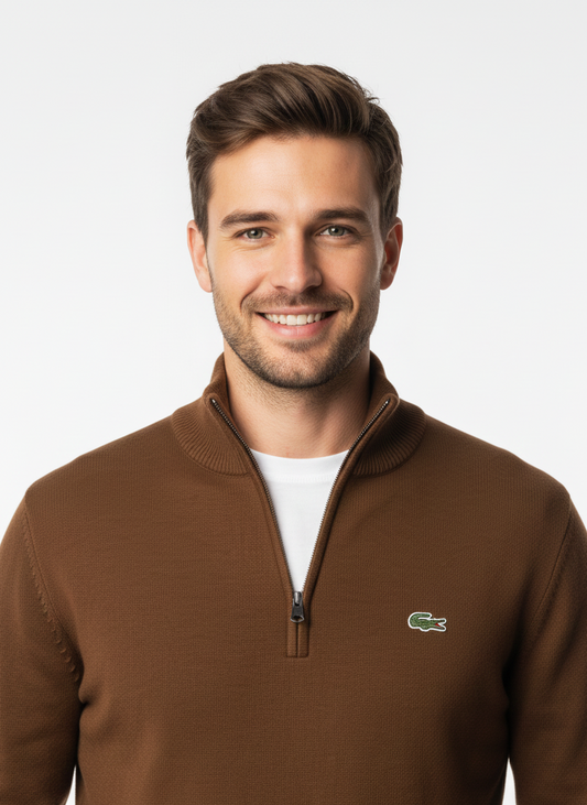 Lacoste Men’s Signature Quarter-Zip Knit Sweater – Classic Brown