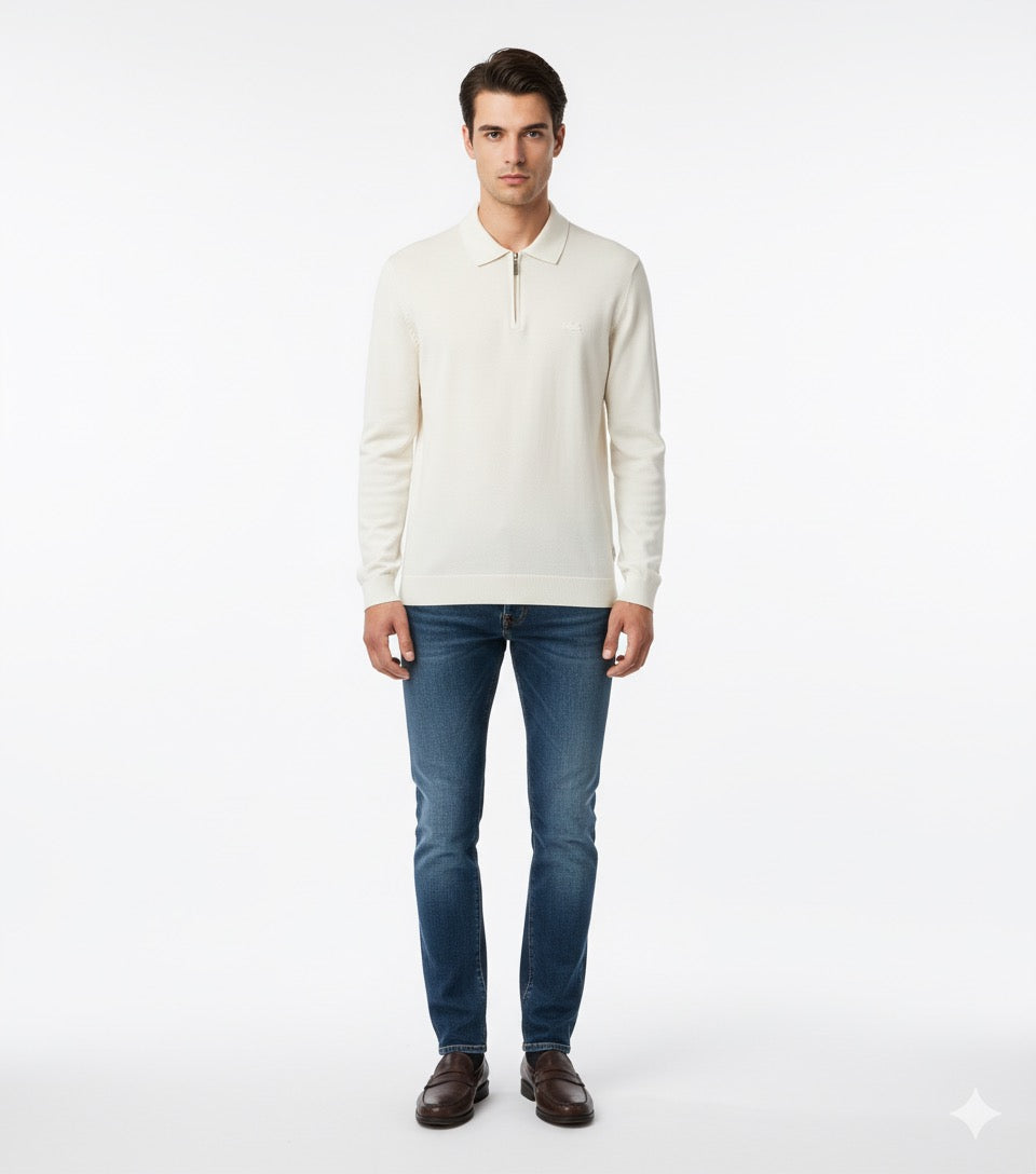 Lacoste Men's Long-Sleeve Half-Zip Knit Polo Shirt - Off-White / Ecru