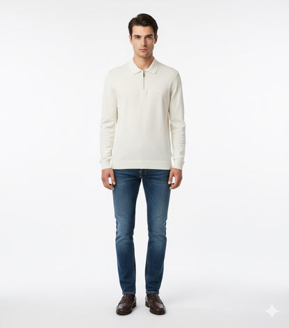 Lacoste Men's Long-Sleeve Half-Zip Knit Polo Shirt - Off-White / Ecru