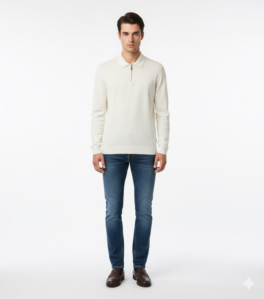 Lacoste Men's Long-Sleeve Half-Zip Knit Polo Shirt - Off-White / Ecru