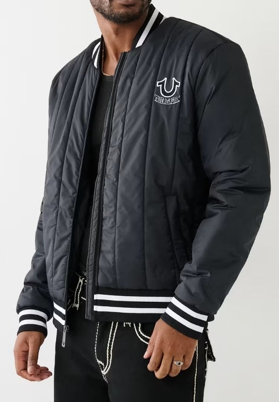 True Religion Men's Vertically Quilted Bomber Jacket - Jet Black