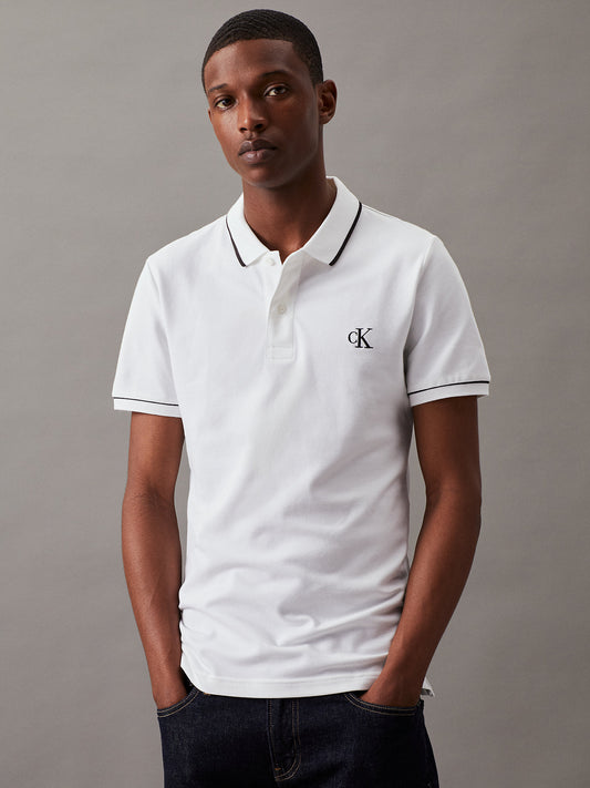Calvin Klein Monogram Tipped Slim Fit Polo Shirt – Bright White