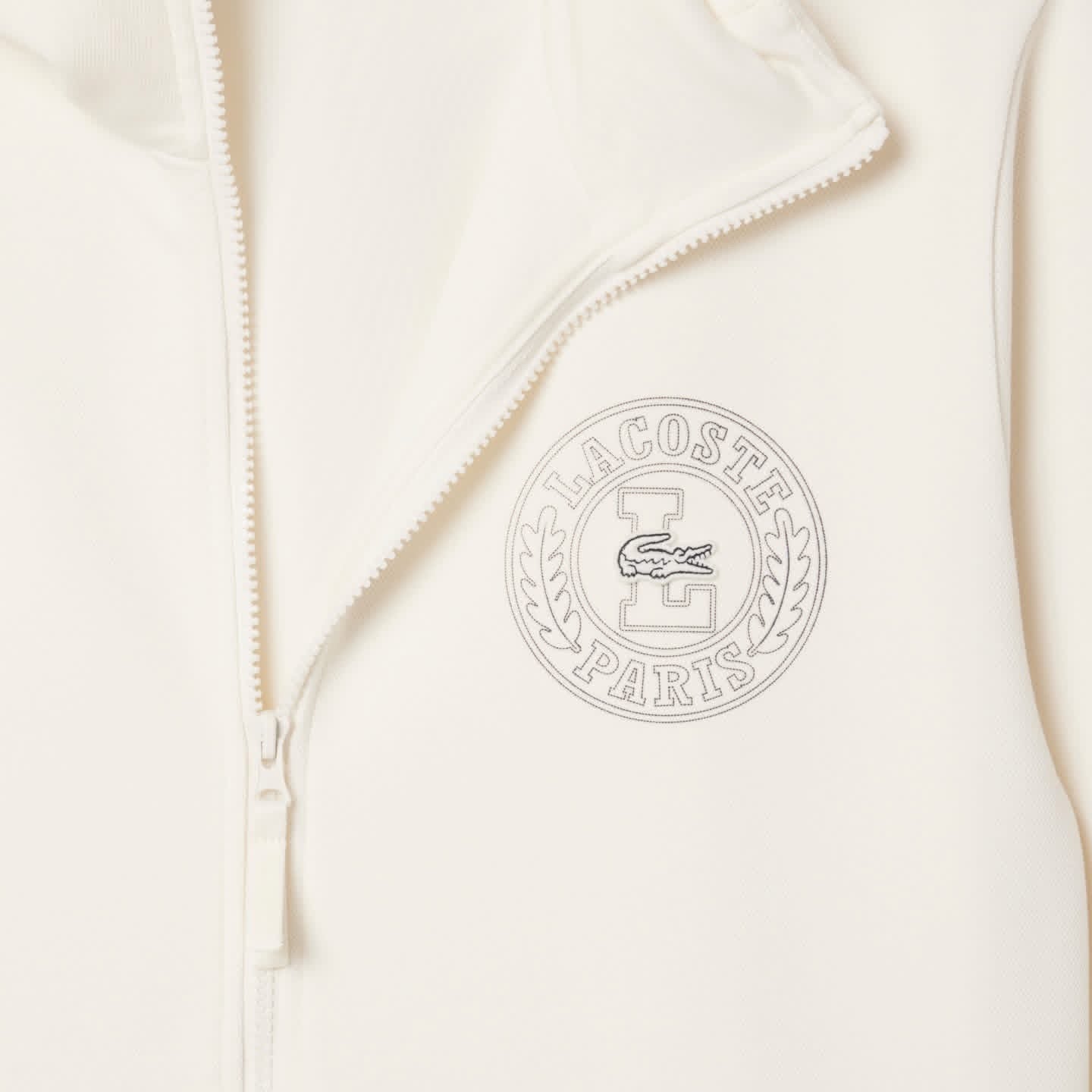 Lacoste Premium Full-Zip Hoodie - Tonal Embroidered Crocodile Badge (Cream/Off-White)