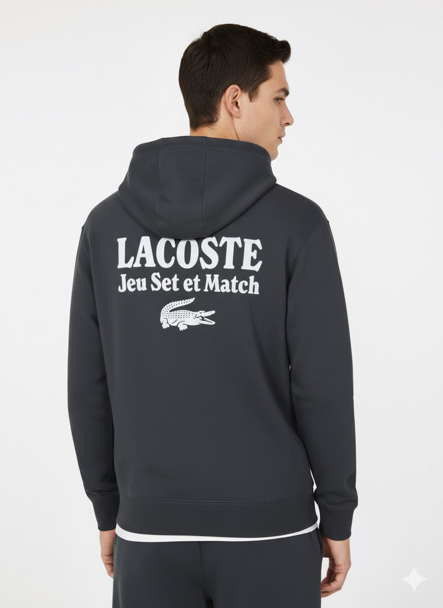 Lacoste Dark Grey Fleece Hoodie - "Jeu Set et Match" Embroidery