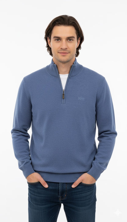 BOSS Men's Half-Zip Merino Knit Jumper - Dusty Blue