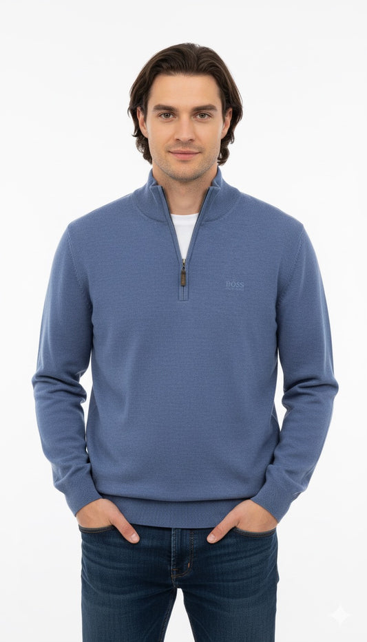 BOSS Men's Half-Zip Merino Knit Jumper - Dusty Blue