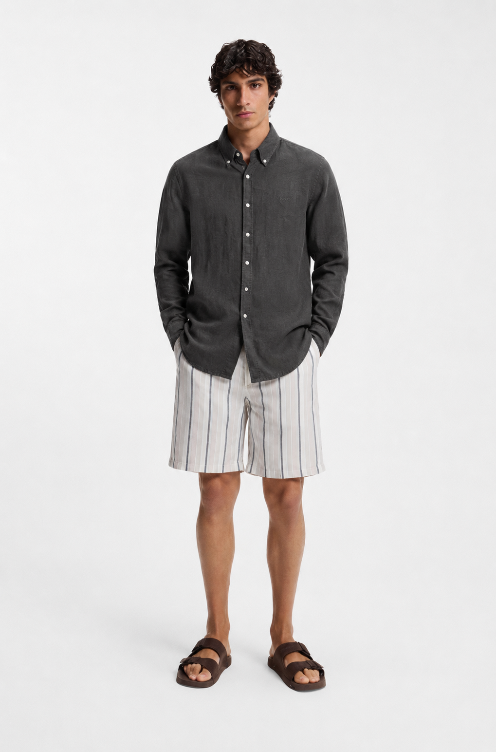 BOSS Slim Fit Long-Sleeved Casual Linen Shirt with Contrast Buttons