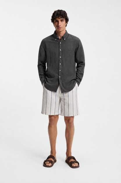 BOSS Slim Fit Long-Sleeved Casual Linen Shirt with Contrast Buttons