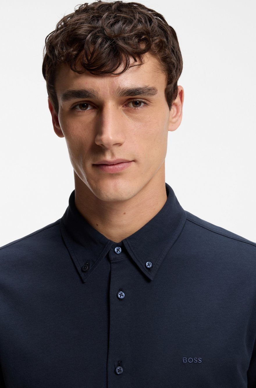 BOSS Men’s Regular-Fit Oxford Shirt Crafted in Solid Navy Blue Cotton