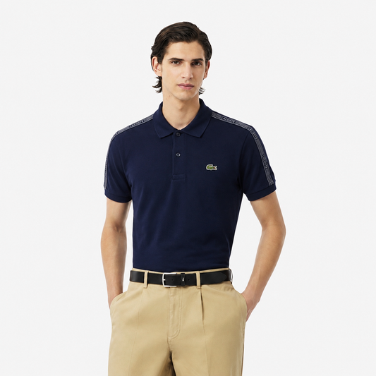 Lacoste Men's Slim Fit Branded Tape Piqué Polo Shirt – Navy Blue