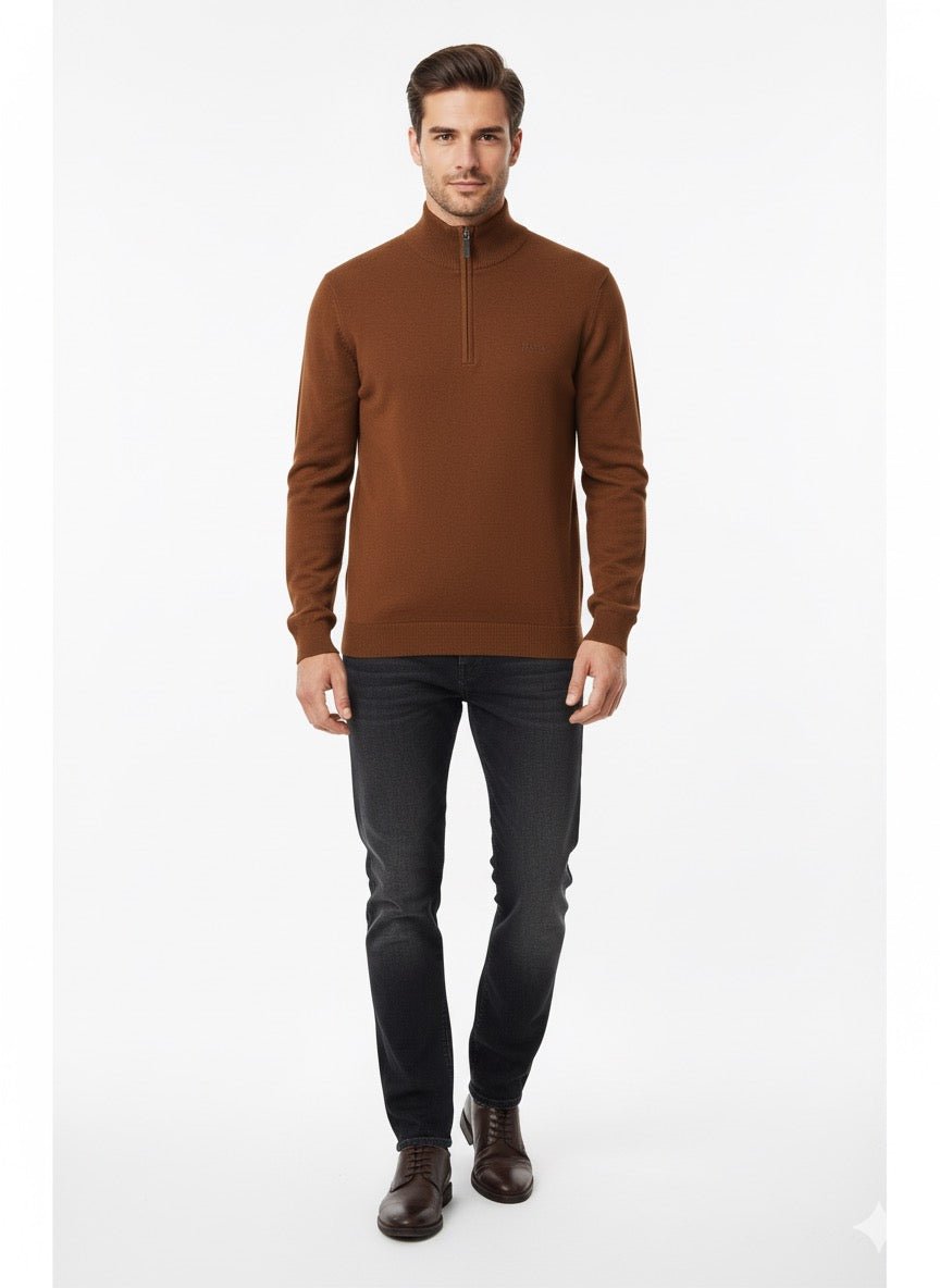 BOSS Men's Half-Zip Fine-Knit Jumper with Stand Collar - Copper Brown