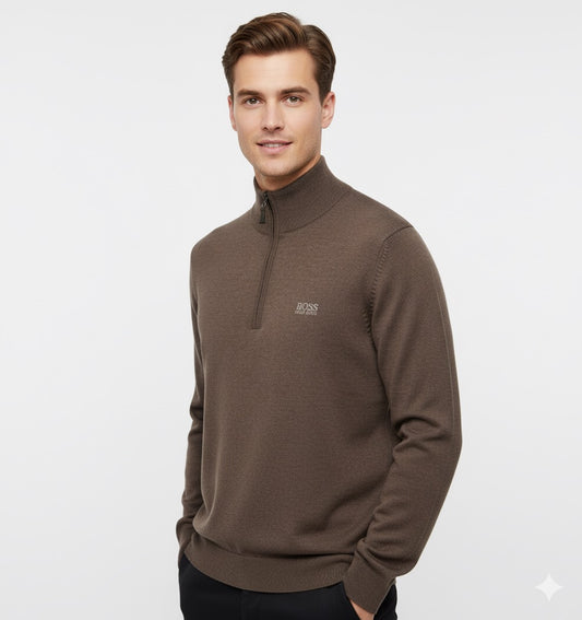 BOSS Men's Half-Zip Merino Wool Jumper with Stand Collar - Taupe Brown