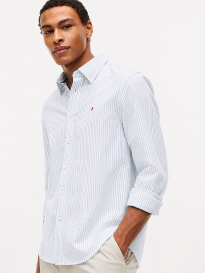 Tommy Hilfiger Slim Fit Long-Sleeved Striped Poplin Cotton Shirt – Light Blue/White
