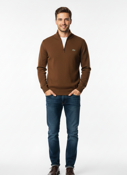Lacoste Men’s Signature Quarter-Zip Knit Sweater – Classic Brown