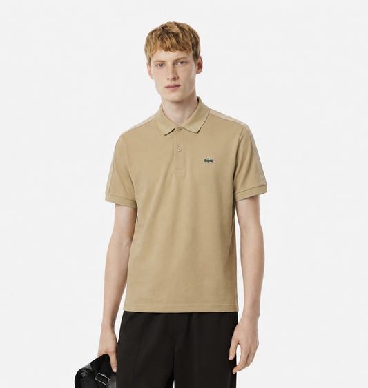 Lacoste Slim Fit Piqué Polo Shirt with Branded Shoulder Tape – Beige