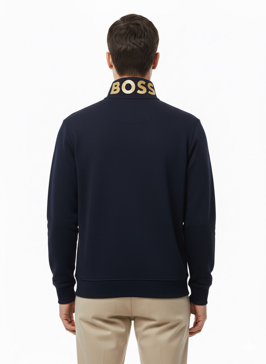 BOSS Navy Blue Zip-Through Sweatshirt with Gold Logo Collar