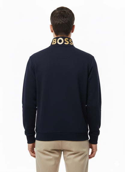 BOSS Navy Blue Zip-Through Sweatshirt with Gold Logo Collar