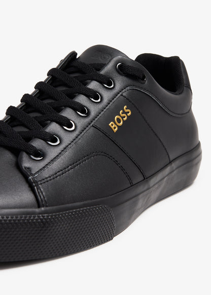 BOSS Black Leather Low-Top Sneakers - Gold Logo Detail