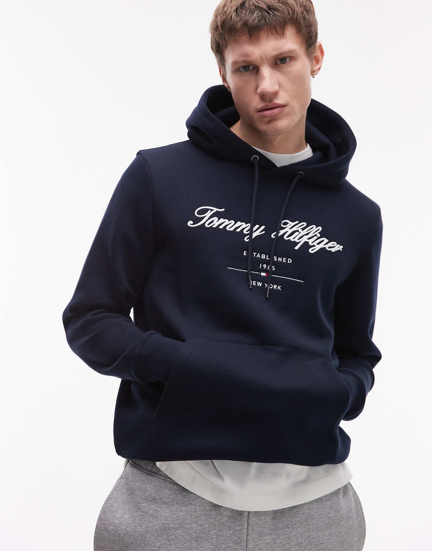 Tommy Hilfiger Signature Script Logo Fleece Hoodie (Navy Blue)
