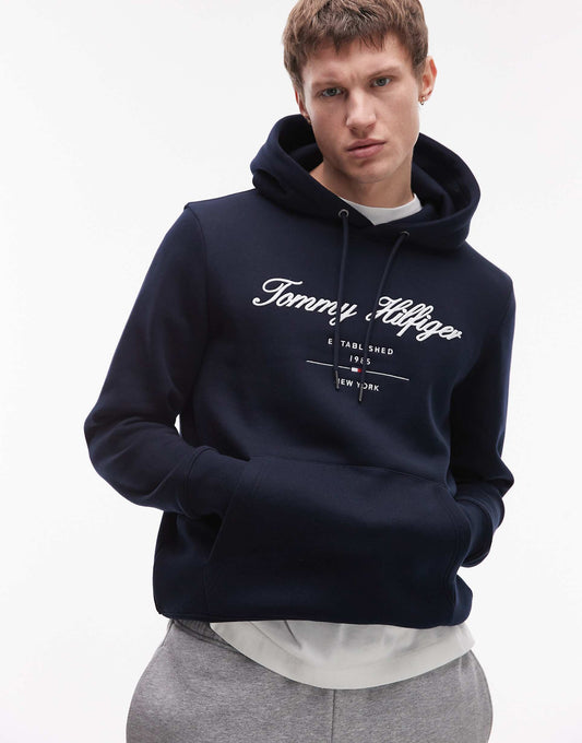 Tommy Hilfiger Signature Script Logo Fleece Hoodie (Navy Blue)