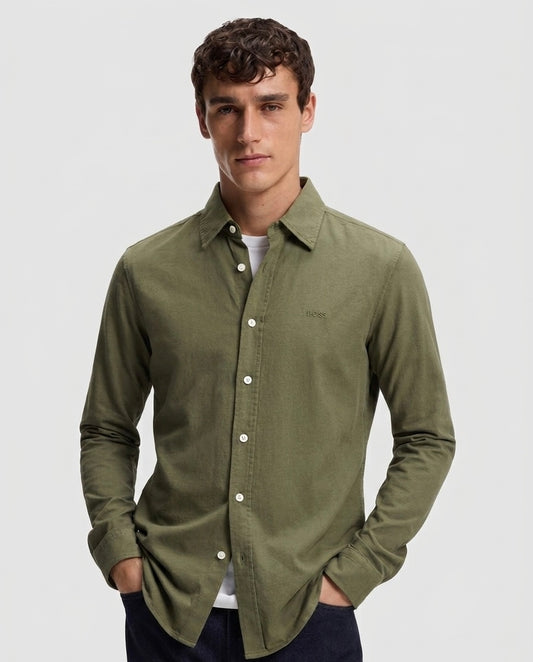 BOSS Men's Regular Fit Oxford Cotton Shirt - Olive Green