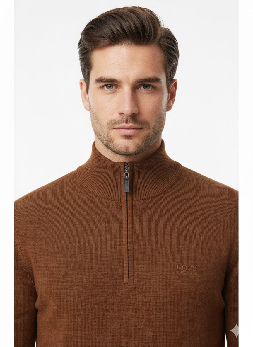 BOSS Men's Half-Zip Fine-Knit Jumper with Stand Collar - Copper Brown