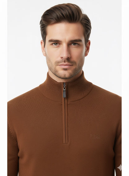 BOSS Men's Half-Zip Fine-Knit Jumper with Stand Collar - Copper Brown
