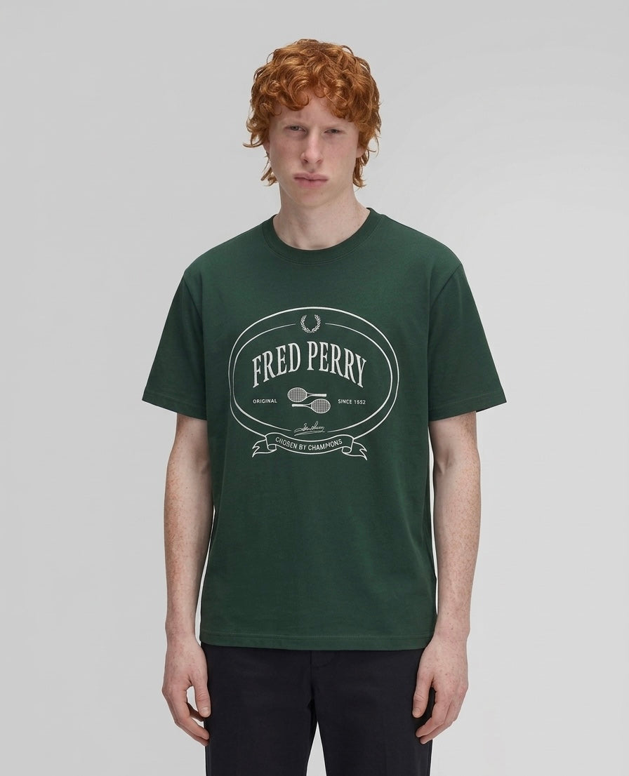 Fred Perry Crew Neck T-Shirt in Hunting Green with Heritage Graphic Print