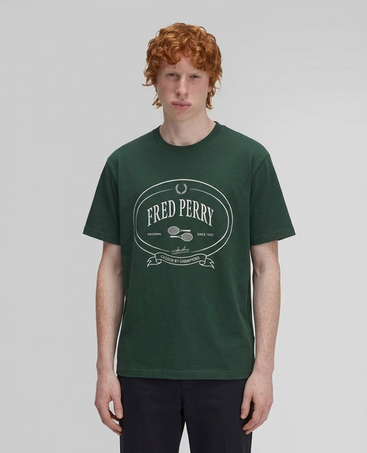 Fred Perry Crew Neck T-Shirt in Hunting Green with Heritage Graphic Print