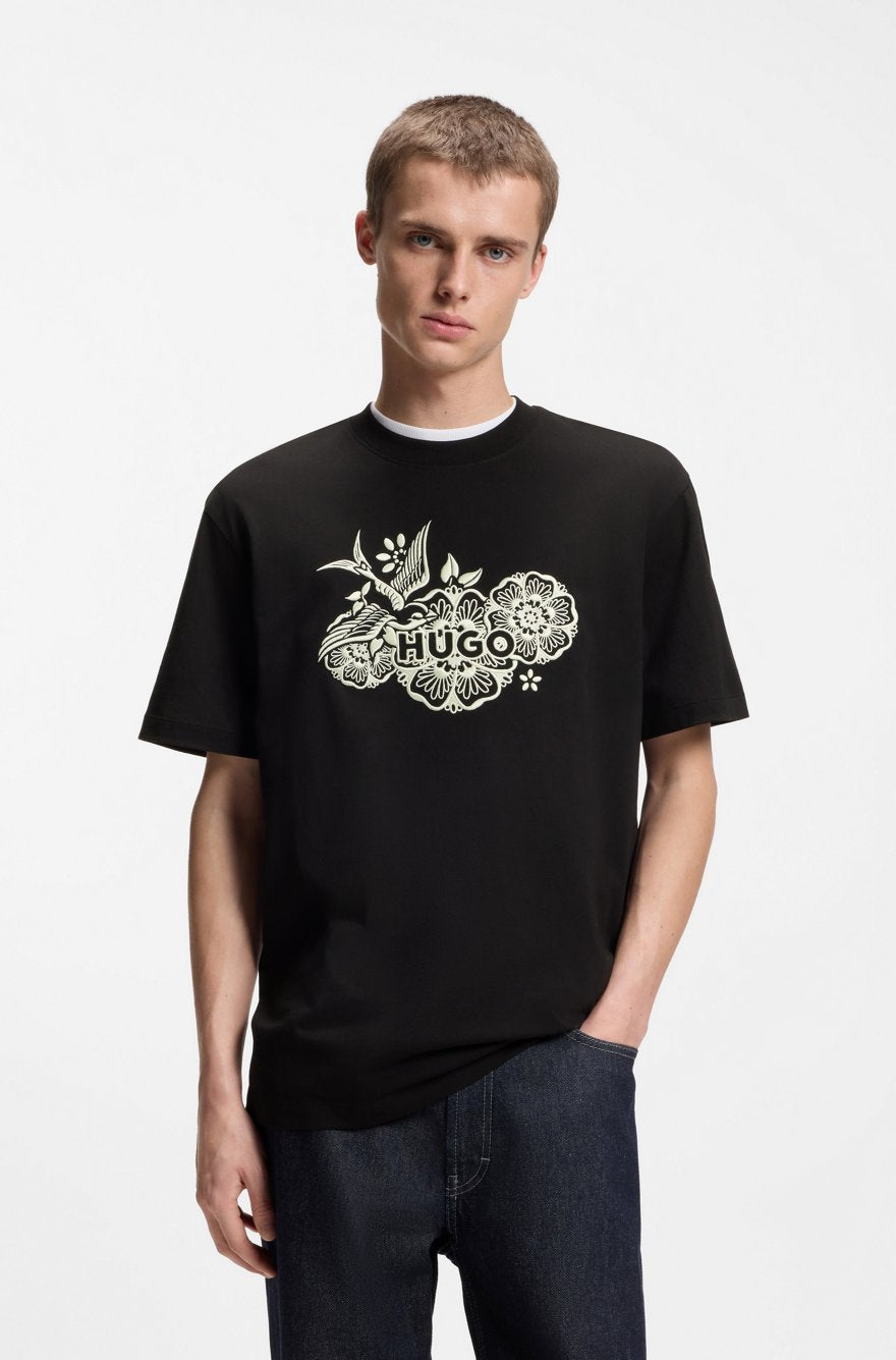 HUGO Menswear Relaxed-Fit T-Shirt with Japanese-Inspired Floral & Crane Graphic – Black