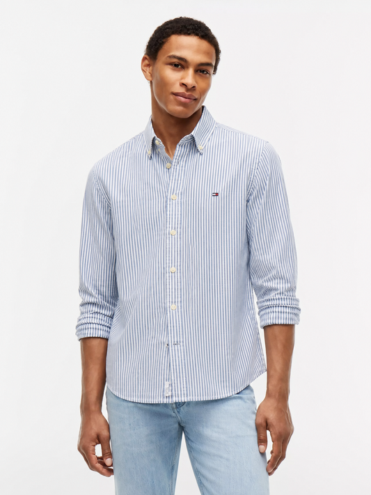Tommy Hilfiger Slim Fit Long-Sleeved Fine Striped Poplin Cotton Shirt – Mid Blue/White