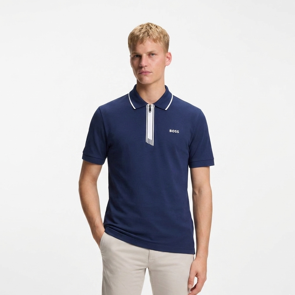 BOSS Paule Slim-Fit Piqué Polo Shirt with Zip Neck & Contrast Details
