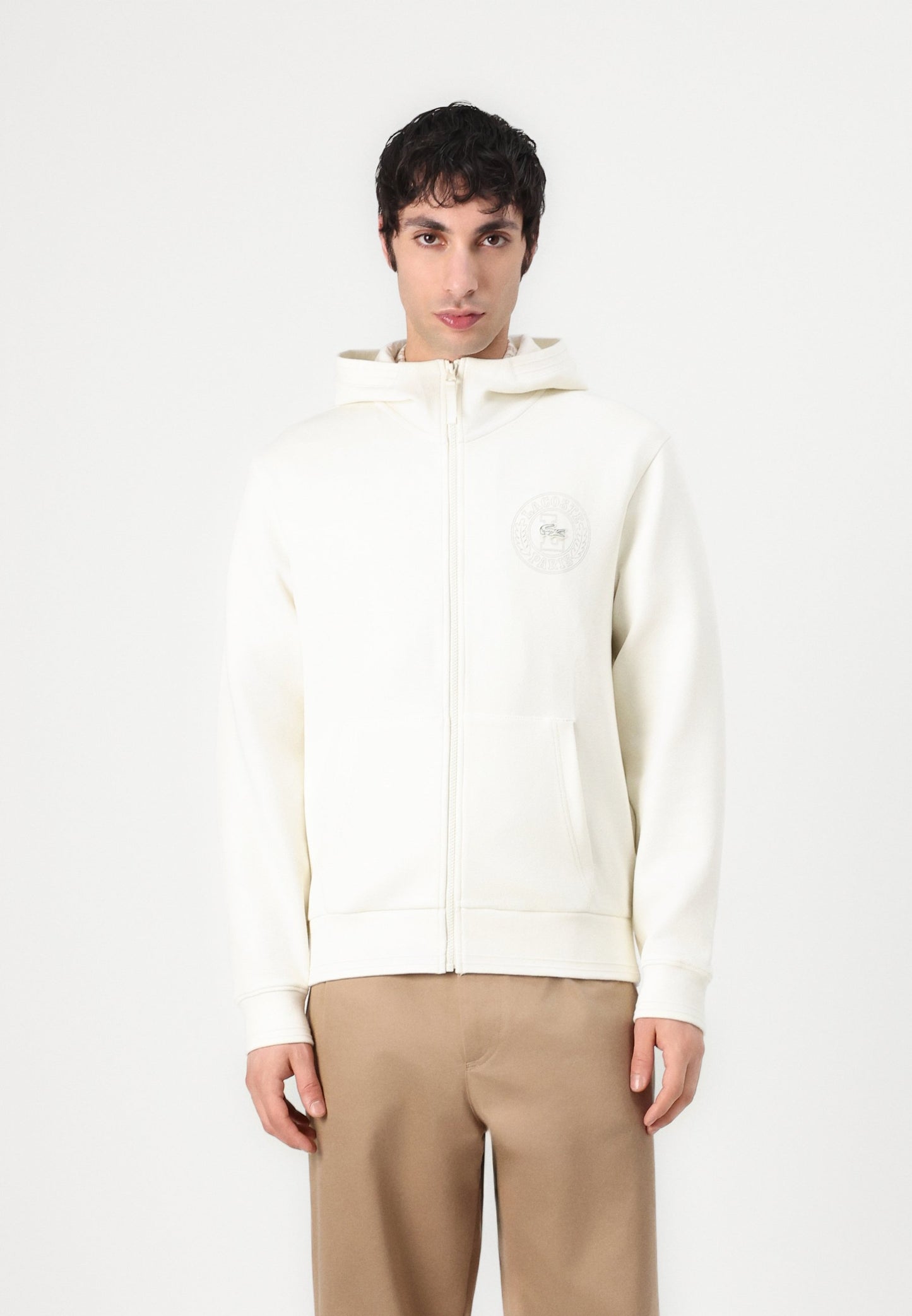 Lacoste Premium Full-Zip Hoodie - Tonal Embroidered Crocodile Badge (Cream/Off-White)