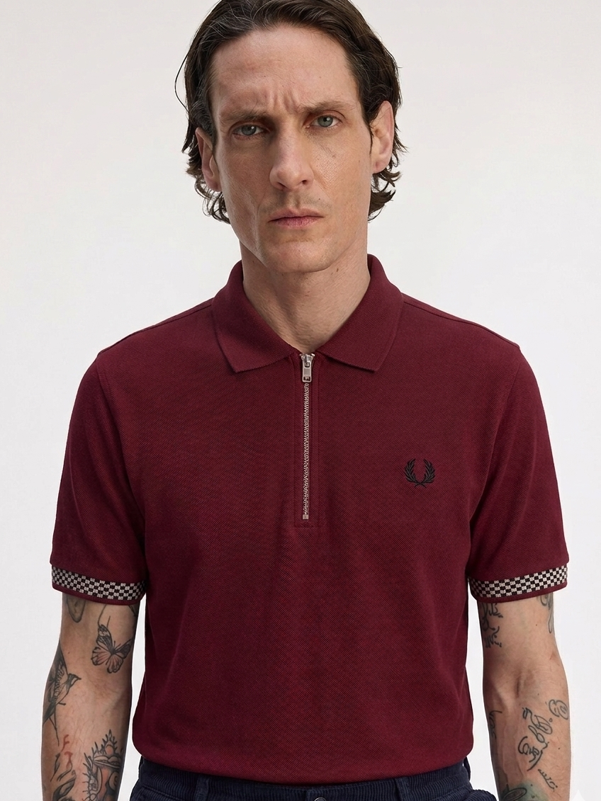 Fred Perry Checkerboard Trim Zip Neck Polo Shirt - Maroon