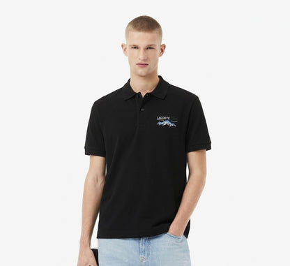 Lacoste Slim-Fit Cotton Piqué Polo in Black with Mountain Artwork Embroidery