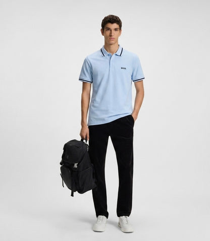 BOSS Men's Pique Cotton Polo Shirt in Light Blue with Contrast Tipping