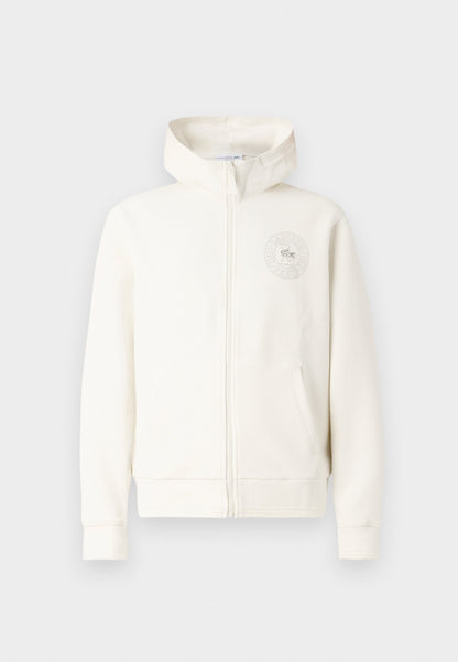 Lacoste Premium Full-Zip Hoodie - Tonal Embroidered Crocodile Badge (Cream/Off-White)