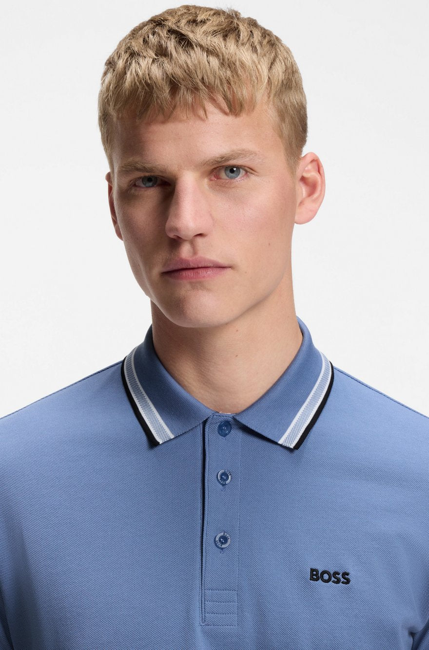 BOSS Slim-Fit Pique Polo Shirt with Striped Collar