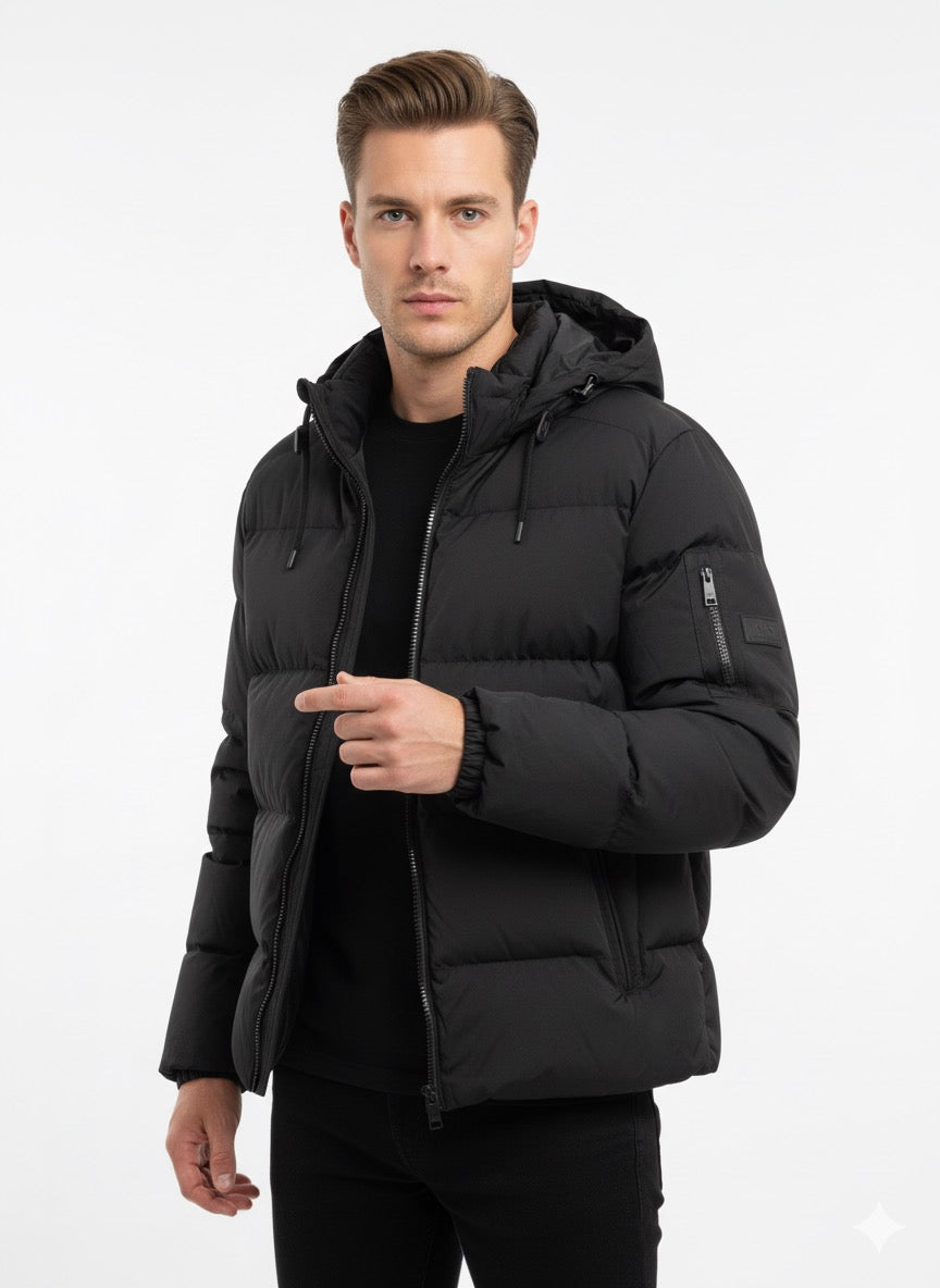 Armani Exchange Black Hooded Puffer Jacket with Arm Pocket