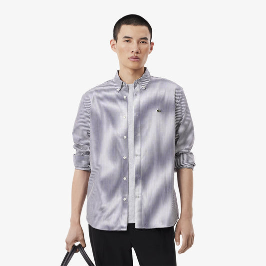 Lacoste Regular Fit Striped Cotton Oxford Shirt – Gray & White