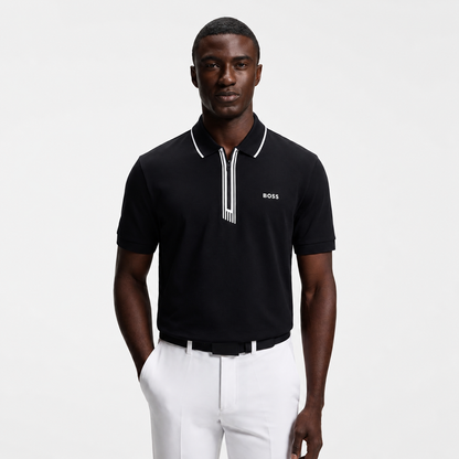 BOSS Paule Slim-Fit Polo Shirt in Black Cotton Piqué with Zip Neck