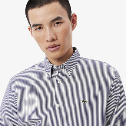 Lacoste Regular Fit Striped Cotton Oxford Shirt – Gray & White