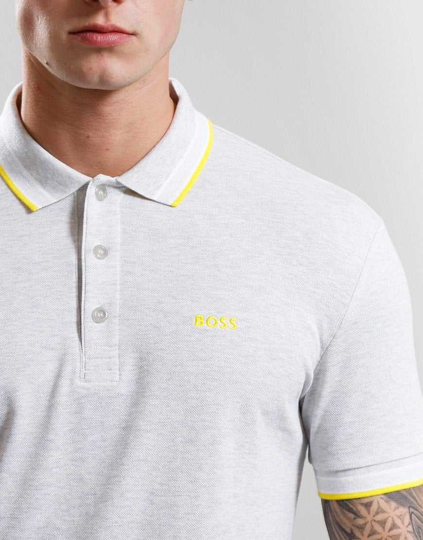 BOSS Passenger Slim-Fit Polo Shirt – Light Grey Melange with Yellow Trim
