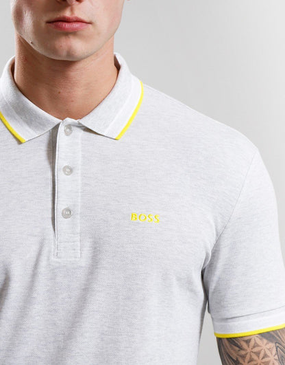 BOSS Passenger Slim-Fit Polo Shirt – Light Grey Melange with Yellow Trim