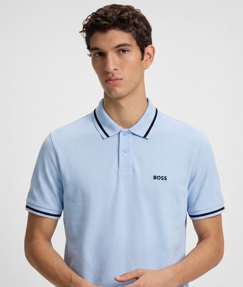 BOSS Men's Pique Cotton Polo Shirt in Light Blue with Contrast Tipping