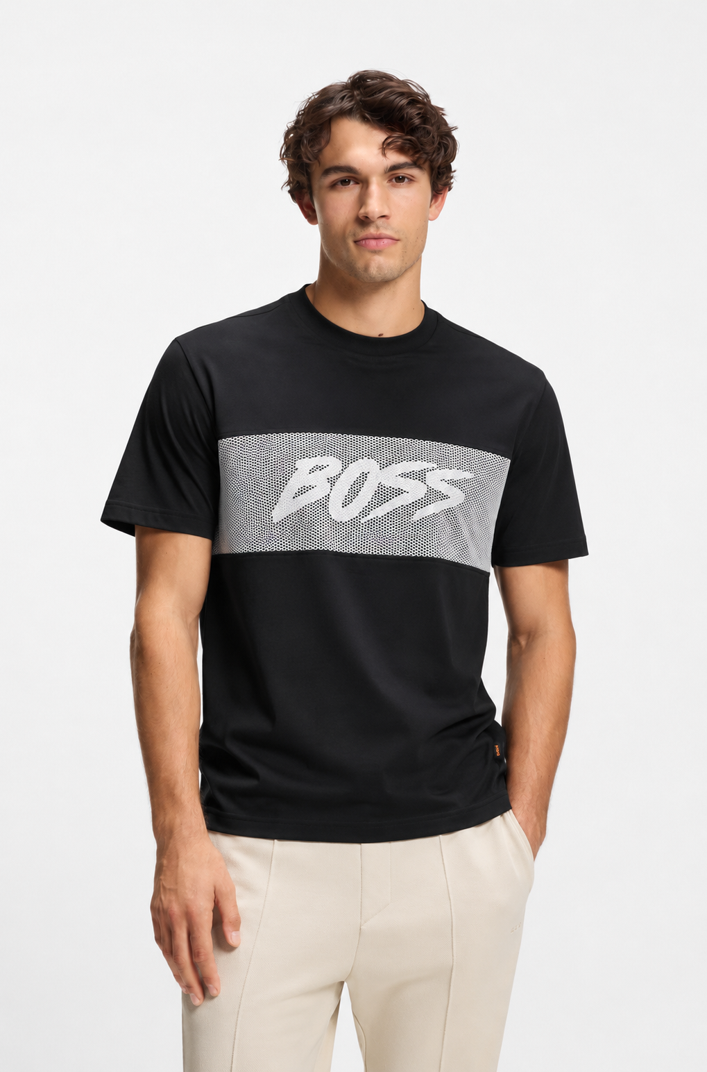 BOSS Regular-Fit Cotton T-Shirt with Mesh-Print Logo Panel
