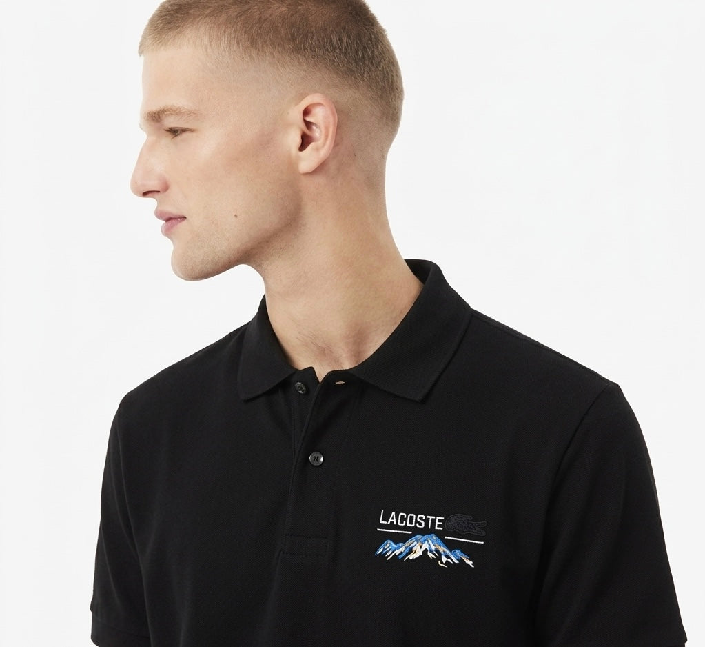 Lacoste Slim-Fit Cotton Piqué Polo in Black with Mountain Artwork Embroidery