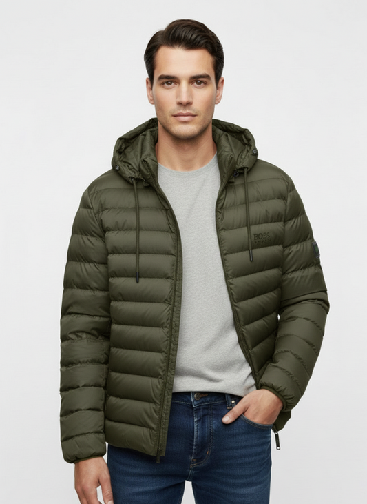 BOSS Men's Lightweight Puffer Jacket with Hood - Olive Green