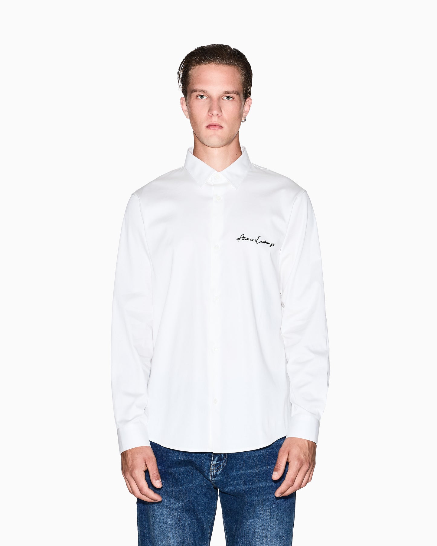 Armani Exchange Slim Fit Script Embroidered Shirt – White